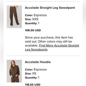 ALO Yoga Accolade Espresso Straight Leg Sweatpant and hoodie